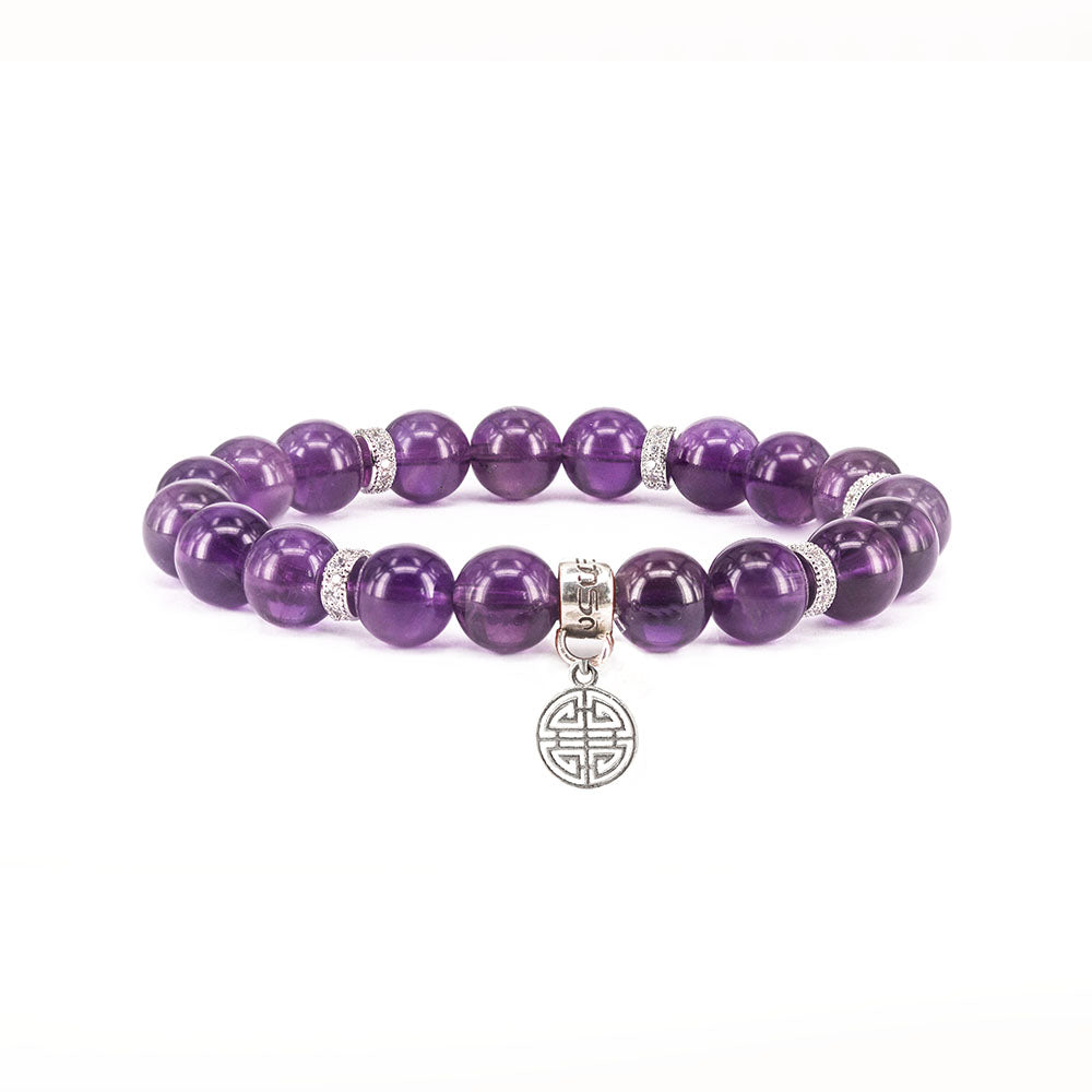 VictoriaEnso 8MM dark amethyst and sterling silver bracelet with Fortune charm