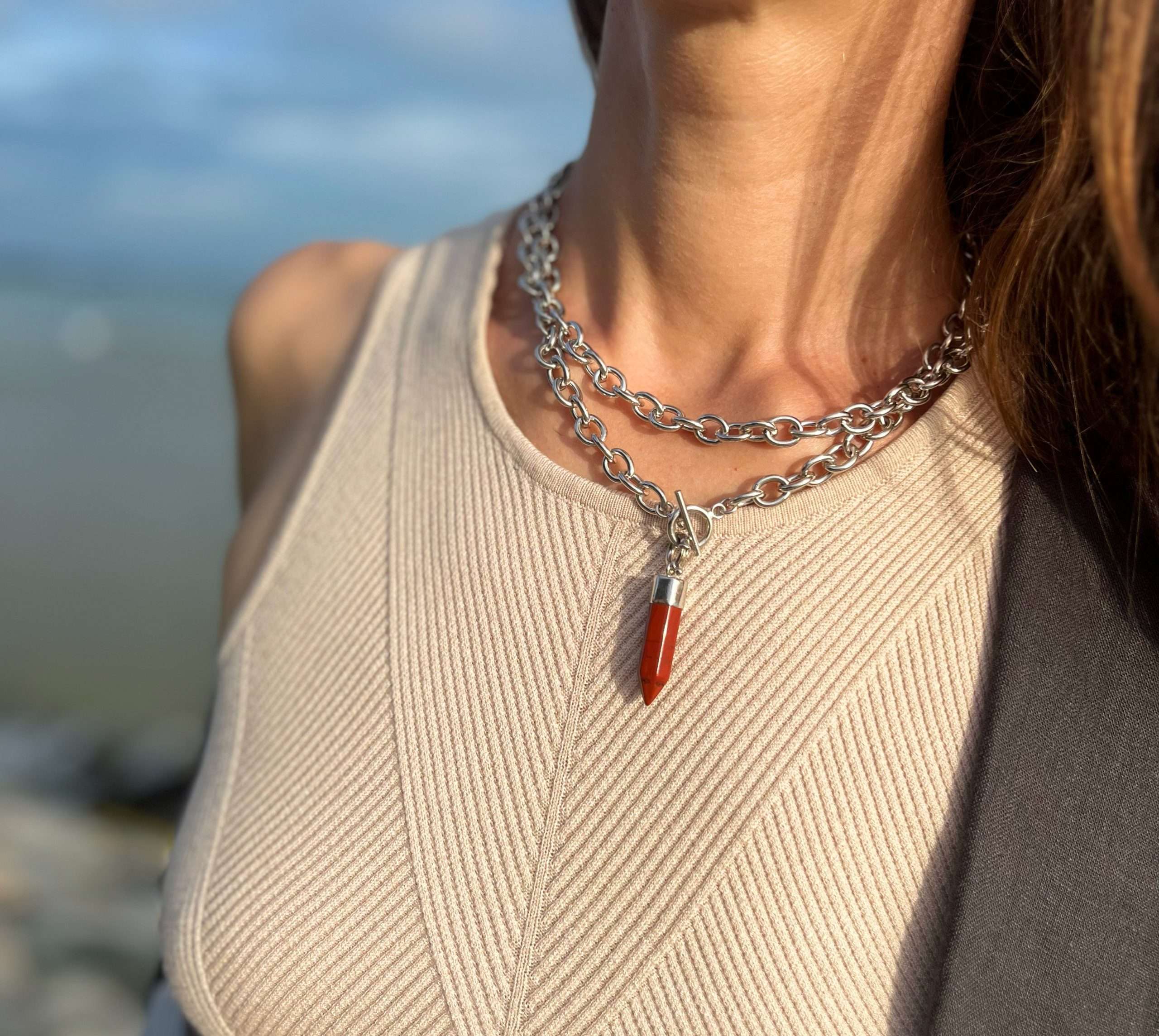 Pendant Necklace | Chain Links | Red Jasper Pendant