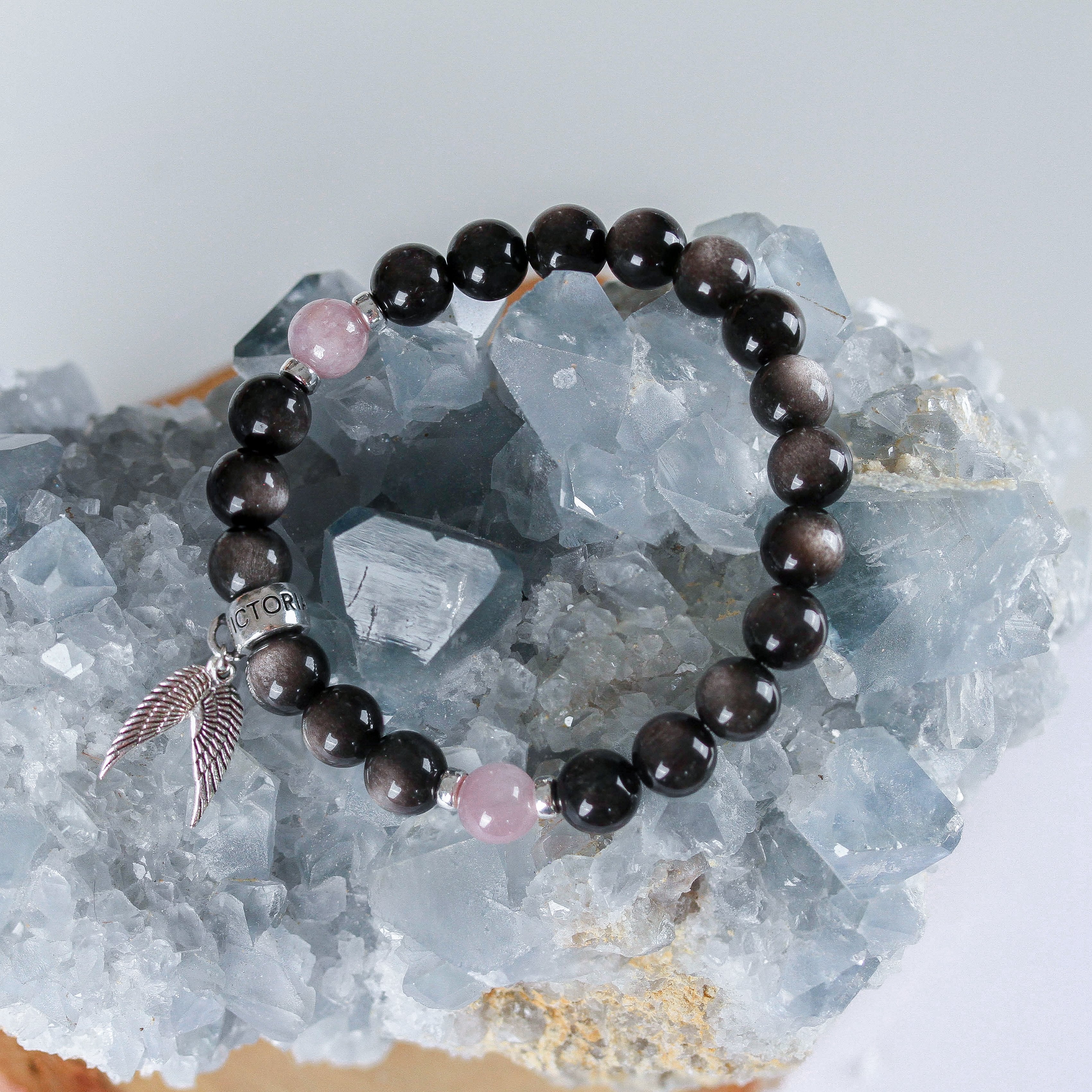 Silver Obsidian & Kunzite with Angel Wings freeshipping - VictoriaEnso